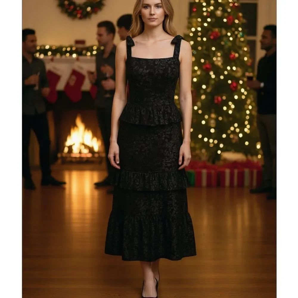 Victoria Dunn Tiered Maxi Dress Tie Shoulders Gatsby Black Velvet NWT XS